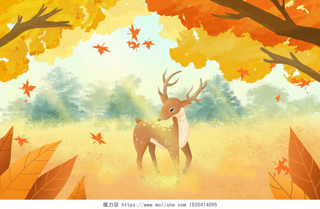 秋天插画森林唯美秋天的小鹿原创插画海报